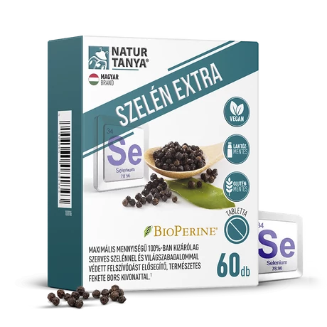 Natur Tanya® SZELÉN EXTRA - Maximális mennyiségű 100% szerves szelén és világszabadalommal védett biohasznosulást fokozó, természetes fekete bors kivonat